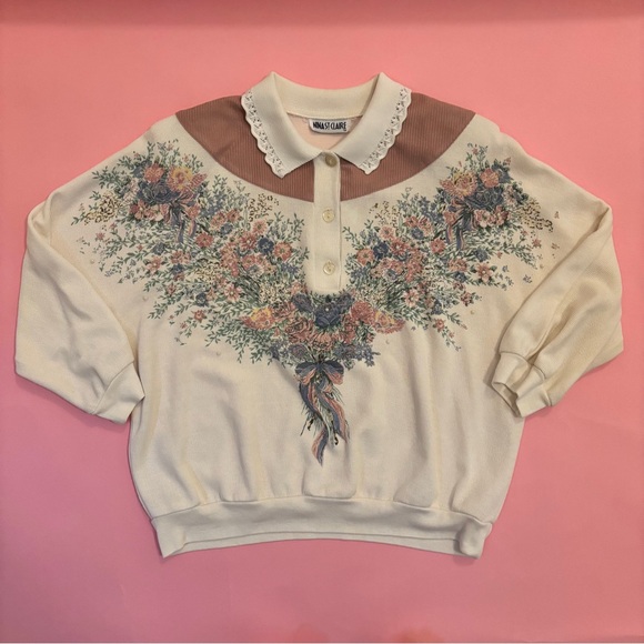 Vintage Sweaters - Vintage 80s Floral Pink + Off White Button Up Collared Sweater w Pearls - Large
